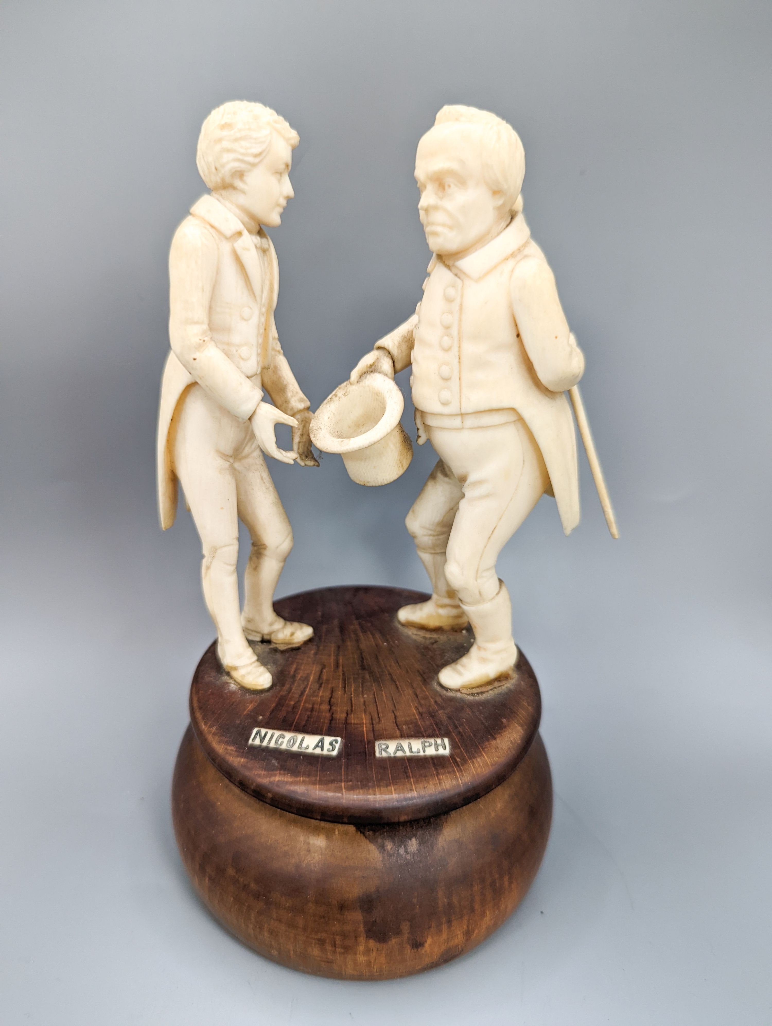 Three South German ivory Dickens characters groups or figures, early 20th century, tallest 15.5cm